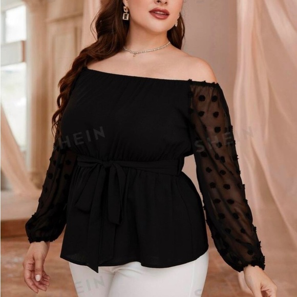 SHEIN Blouse Black With Pom Pom Polka Dot Sheer Sleeve! Tie Waist Sz-2X NIP‎ - Picture 1 of 3